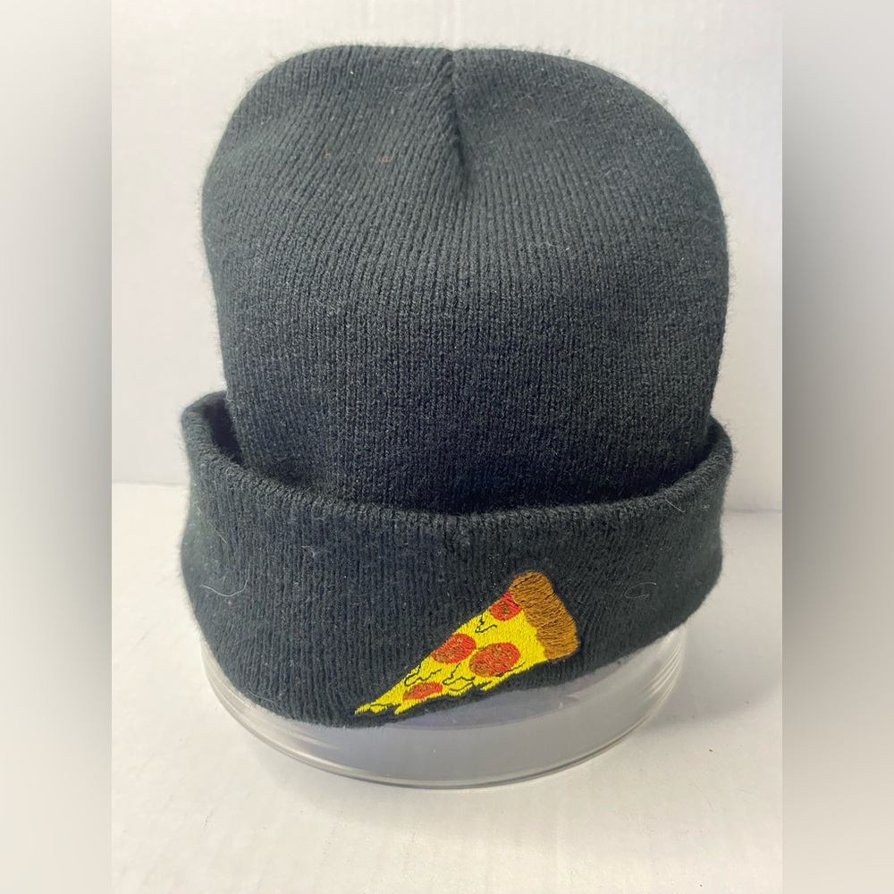 Black Knit Beanie with Pizza Patch